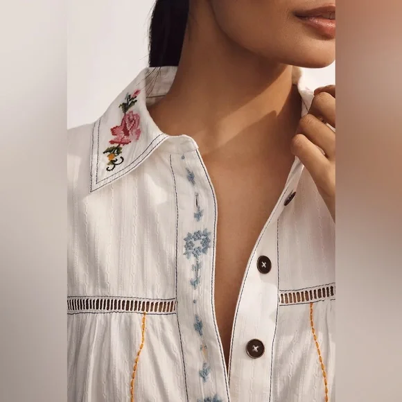 NWT XL - Anthropologie 100% Cotton Embroidered Swing Shirt Dress - Picture 5 of 16